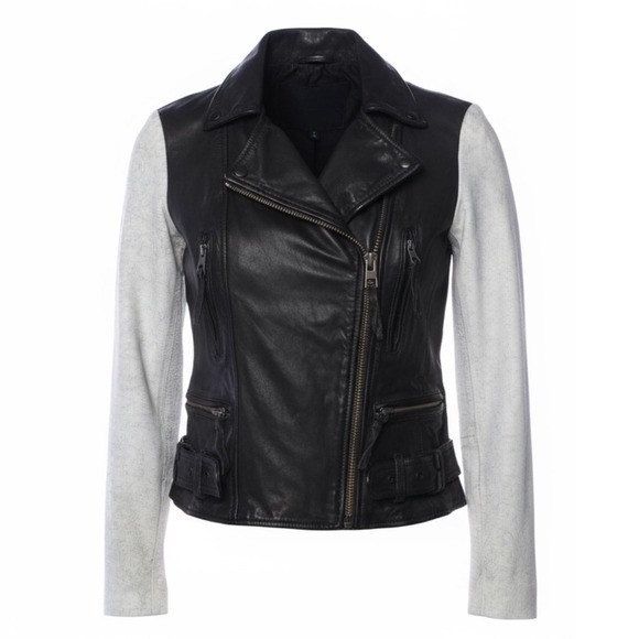 All Saints Albany Moto Jacket Black Leather Gray Sleeves Biker Grunge Size 4 NEW - Picture 13 of 14